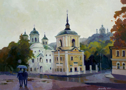 Oil painting Its a nasty day by Anastasia Yaroshevich: grand white church with green domes