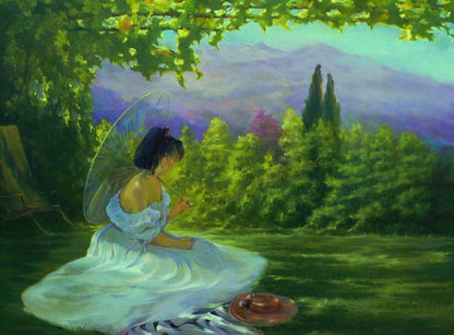 Oil painting by Vasily Korkishko: woman with parasol under branches