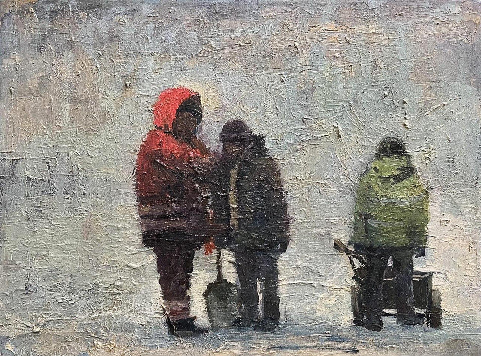 Oil painting of construction site by Volodymyr Pashchenko snowy scene