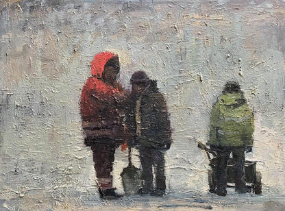Oil painting of construction site by Volodymyr Pashchenko snowy scene