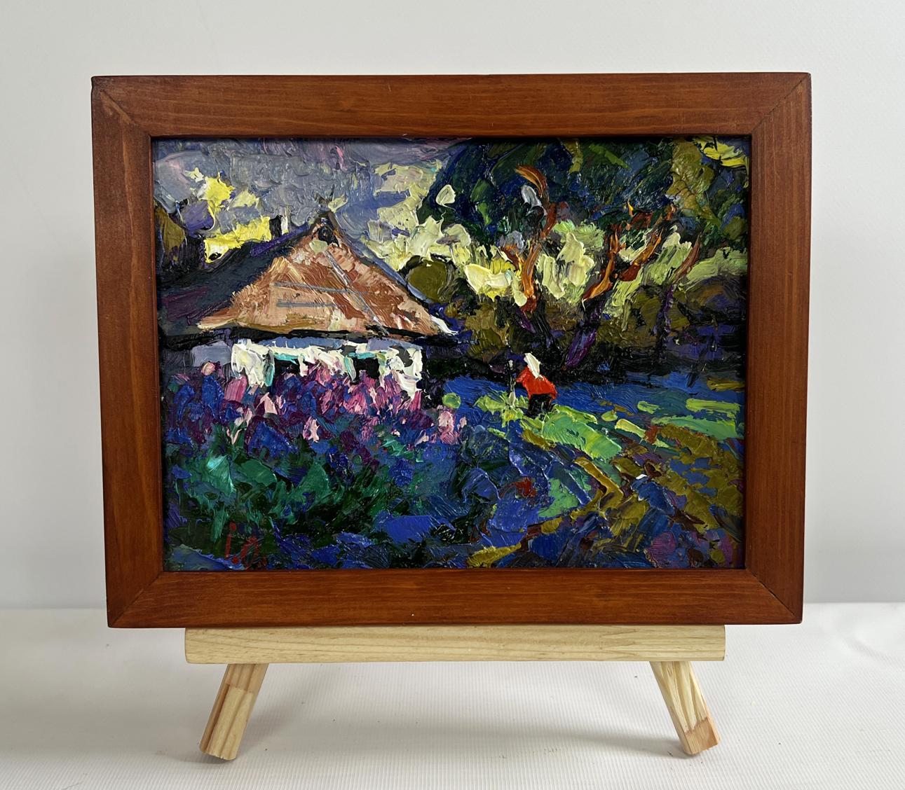 Rustic oil painting In the Evening I Watch the Lilacs by Oleksiy Ivanyuk on easel