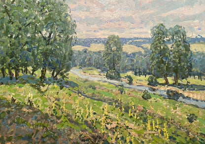 Serene impressionistic oil painting Glade by Georgy Kolosovsky with hills and river