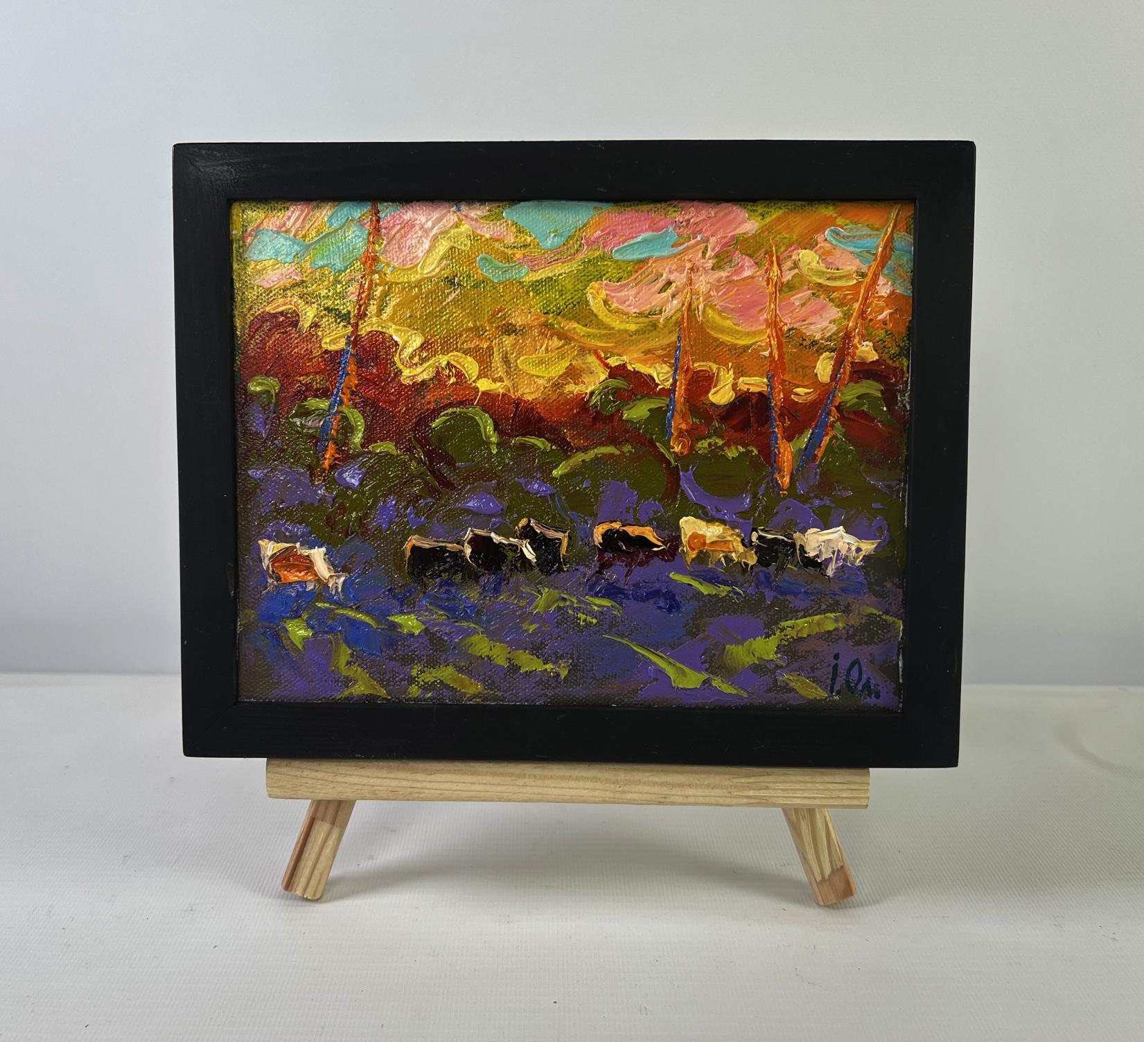 Oil painting Evening sky bathes the Earth by Oleksiy Ivanyuk, framed cows grazing