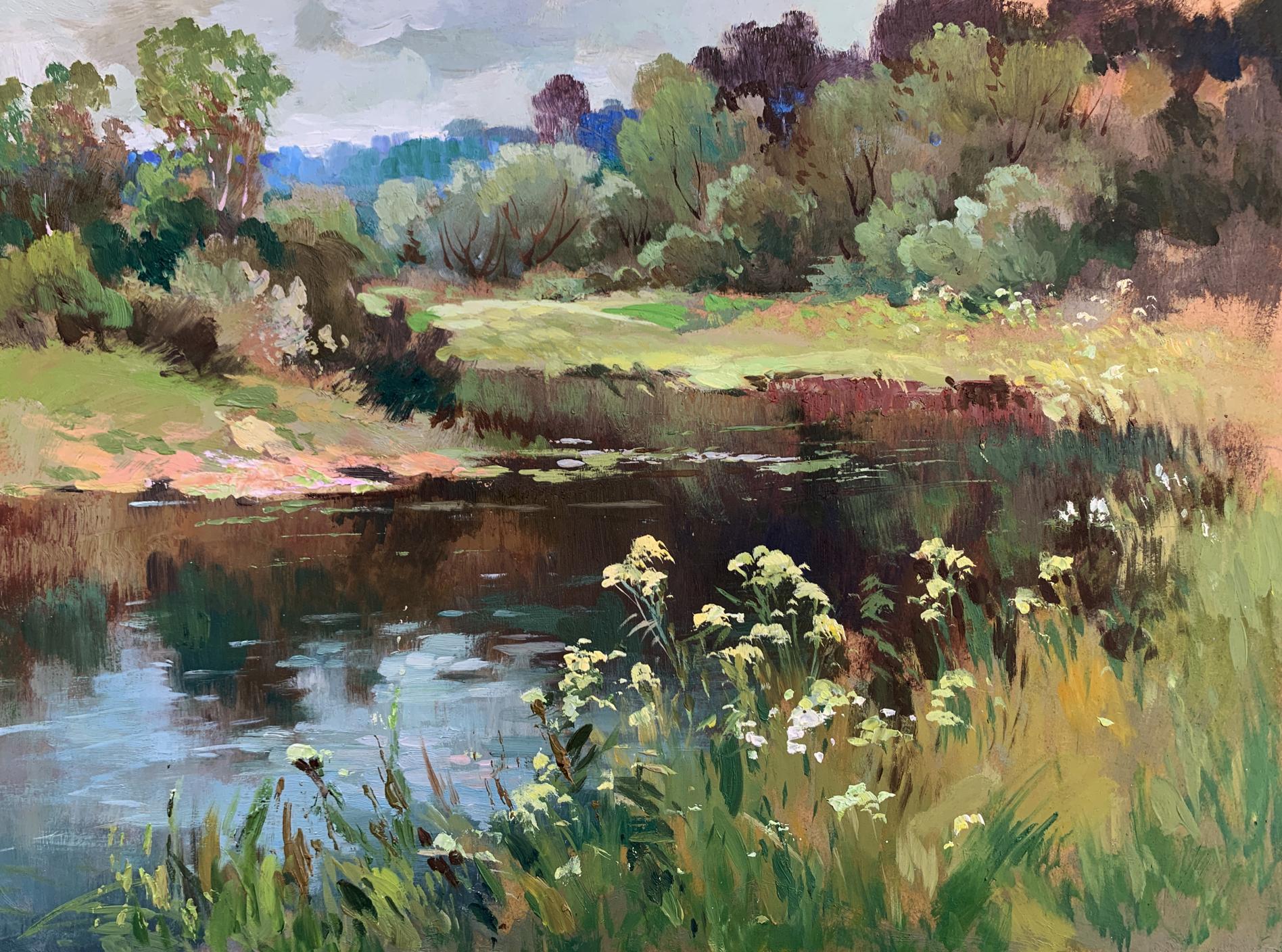 Serene impressionistic oil painting of tranquil river by Yuriy Suprunchuk