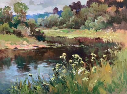 Serene impressionistic oil painting of tranquil river by Yuriy Suprunchuk