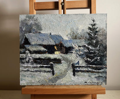 Oil painting Winter courtyard by Boris Serdyuk, impressionistic snowy landscape