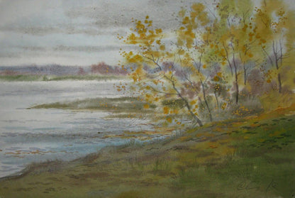 Watercolor painting of autumn riverside by Valery Savenets