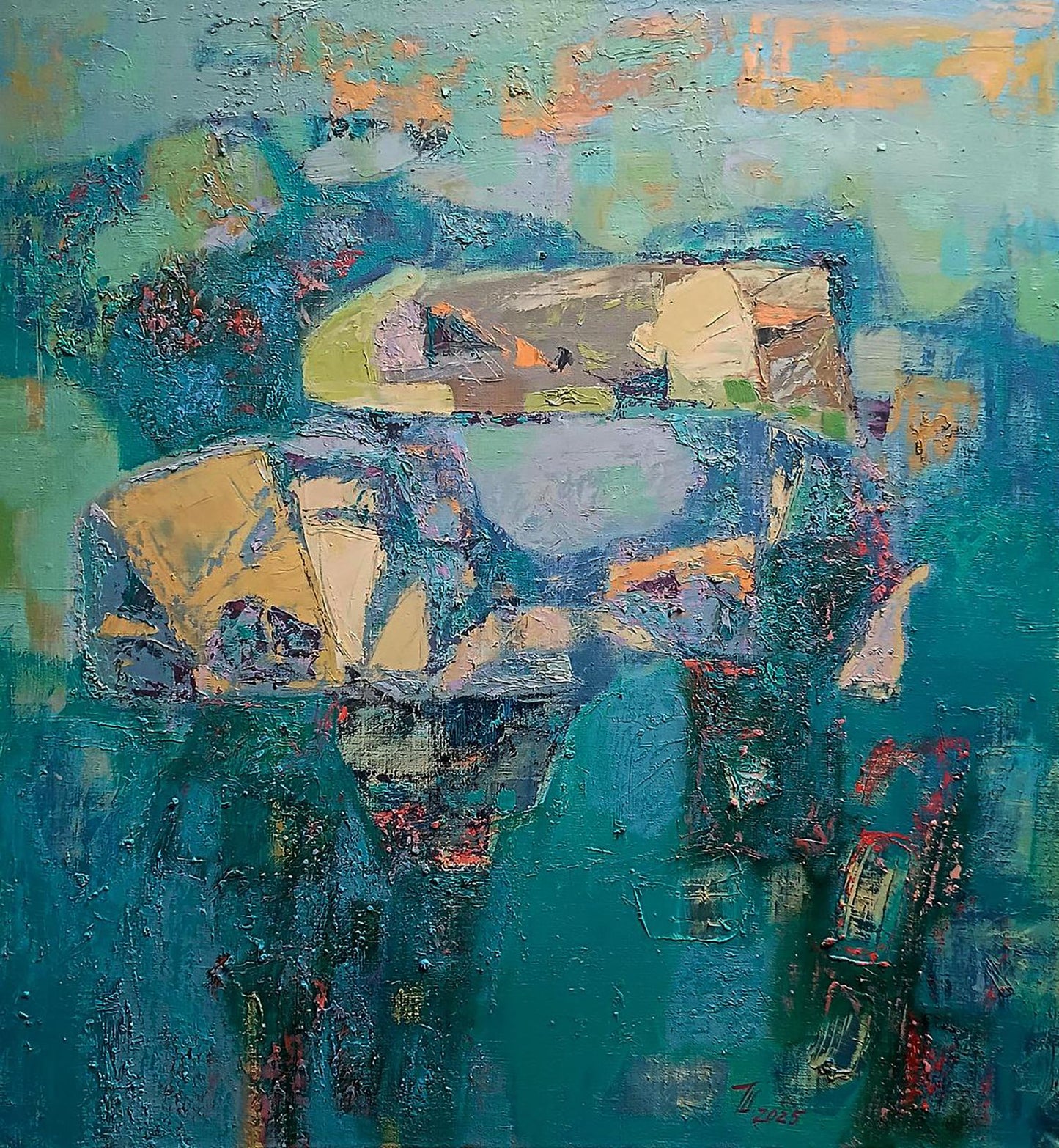 Oil painting Island of Freedom by Tatyana Shulyak in teal hues