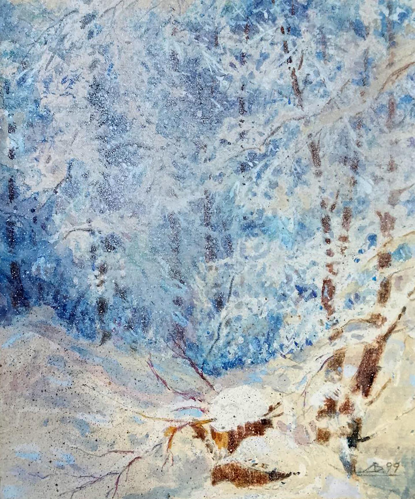 Watercolor snowy birch forest by Vitaly Duhnevich, oil painting