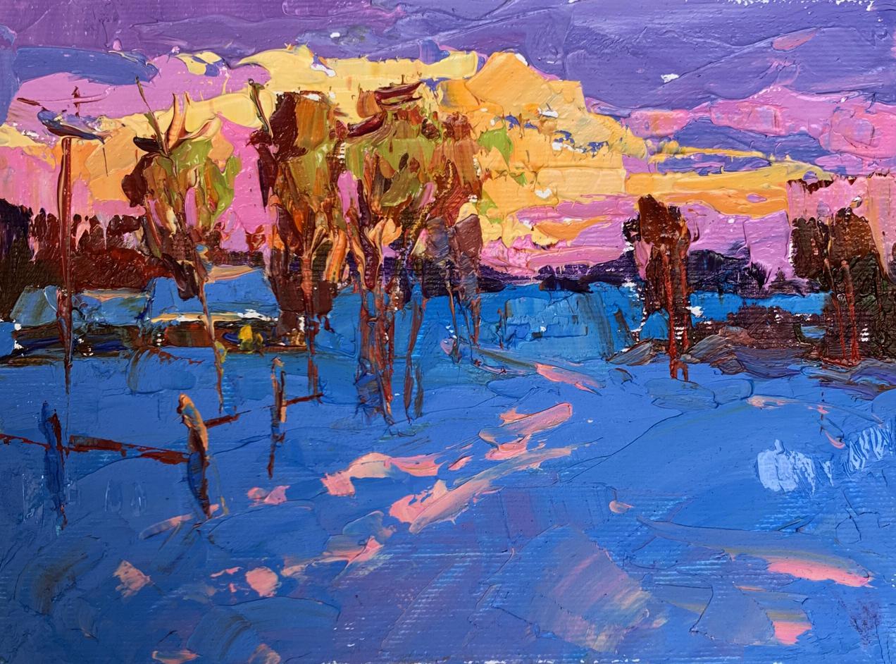 Vibrant oil painting In the evening in the cold by Oksana Ivanyuk with bold purple yellow pink blue strokes
