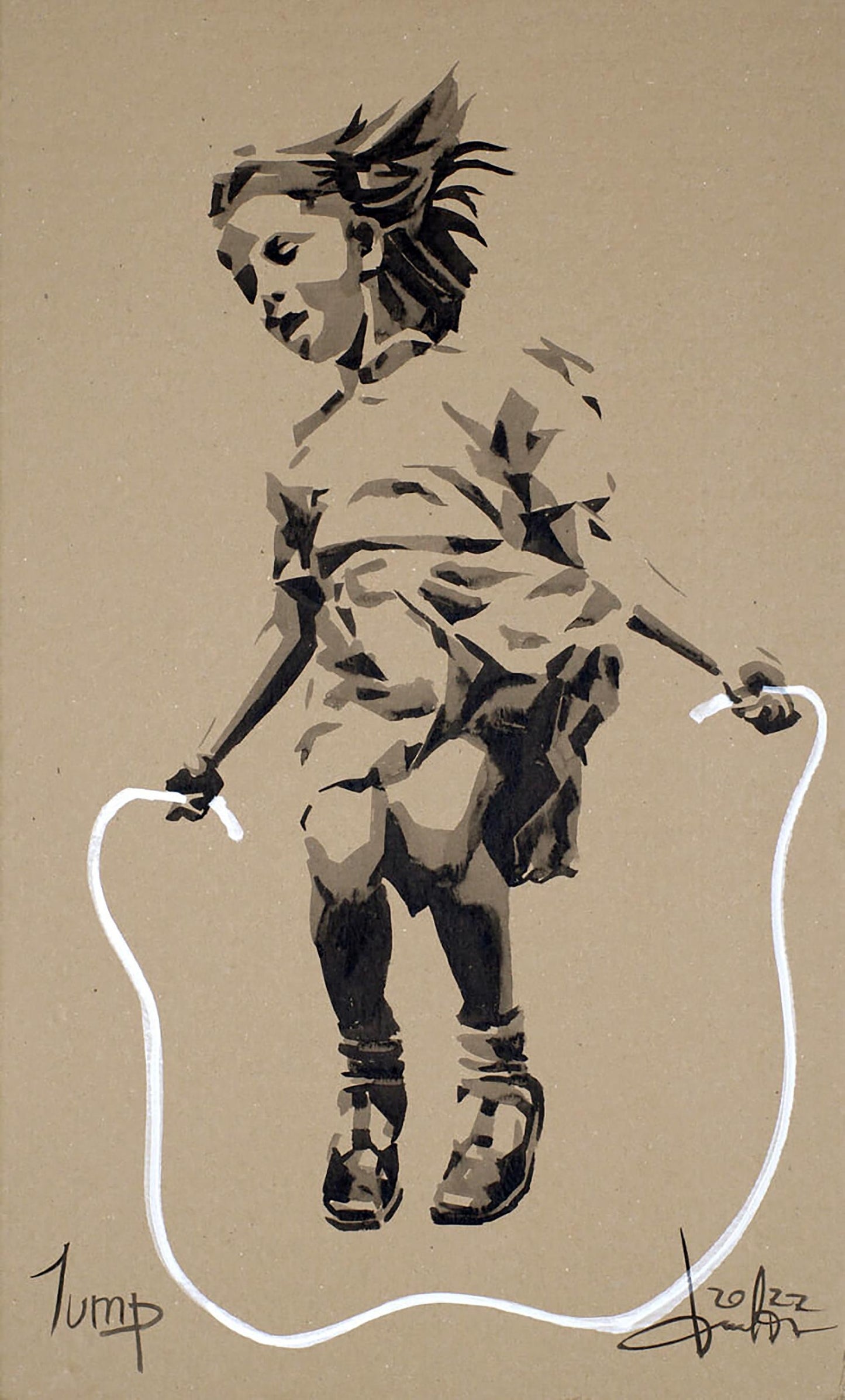 Stylized black and white girl jumping rope acrylic painting by Dima Filatov