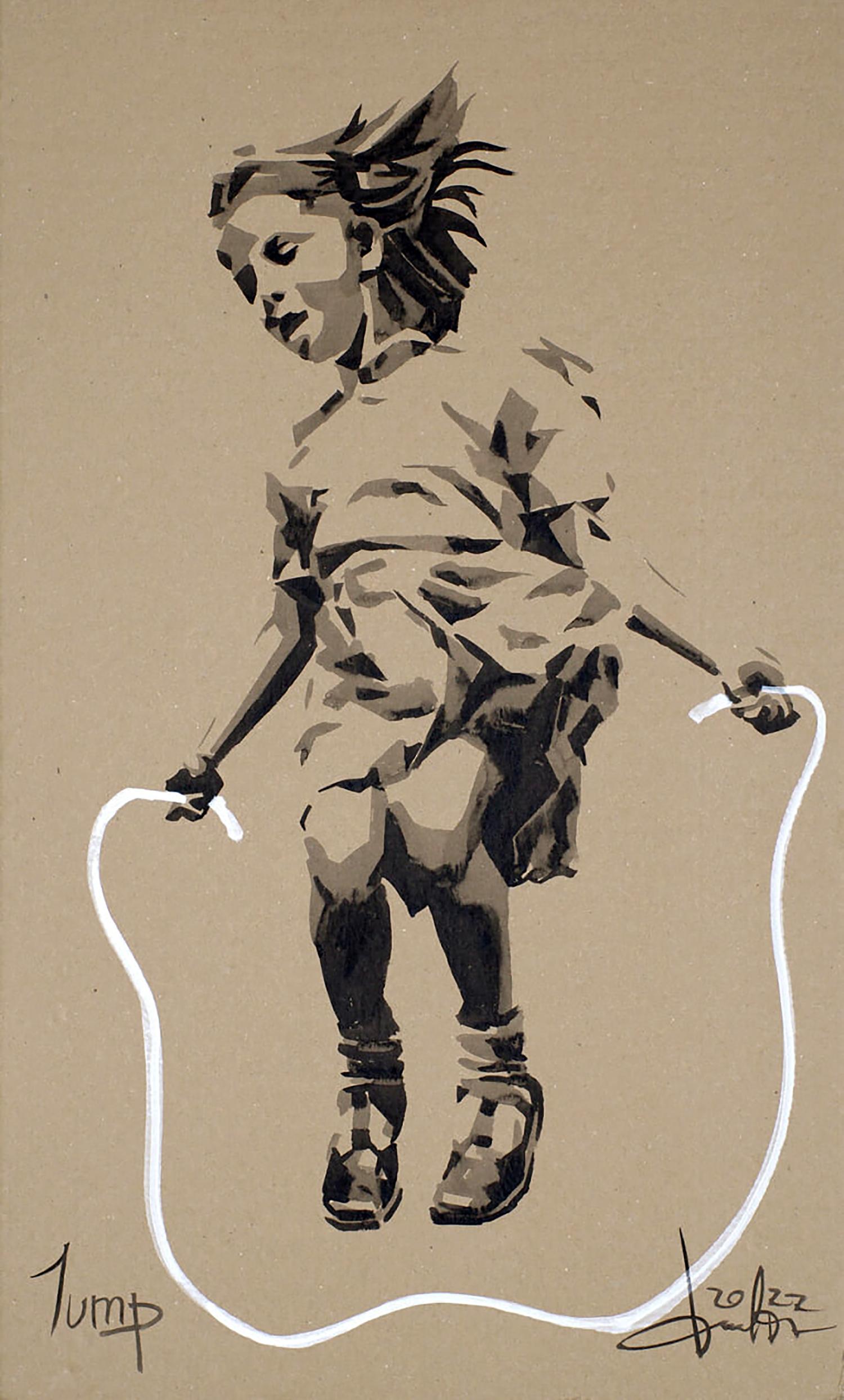Stylized black and white girl jumping rope acrylic painting by Dima Filatov