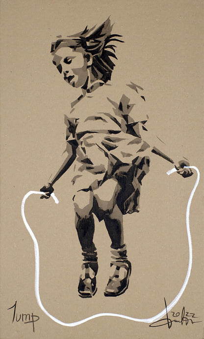 Stylized black and white girl jumping rope acrylic painting by Dima Filatov