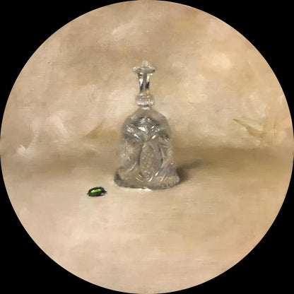 Clear faceted glass decanter with etched stopper in Annam Butt oil painting