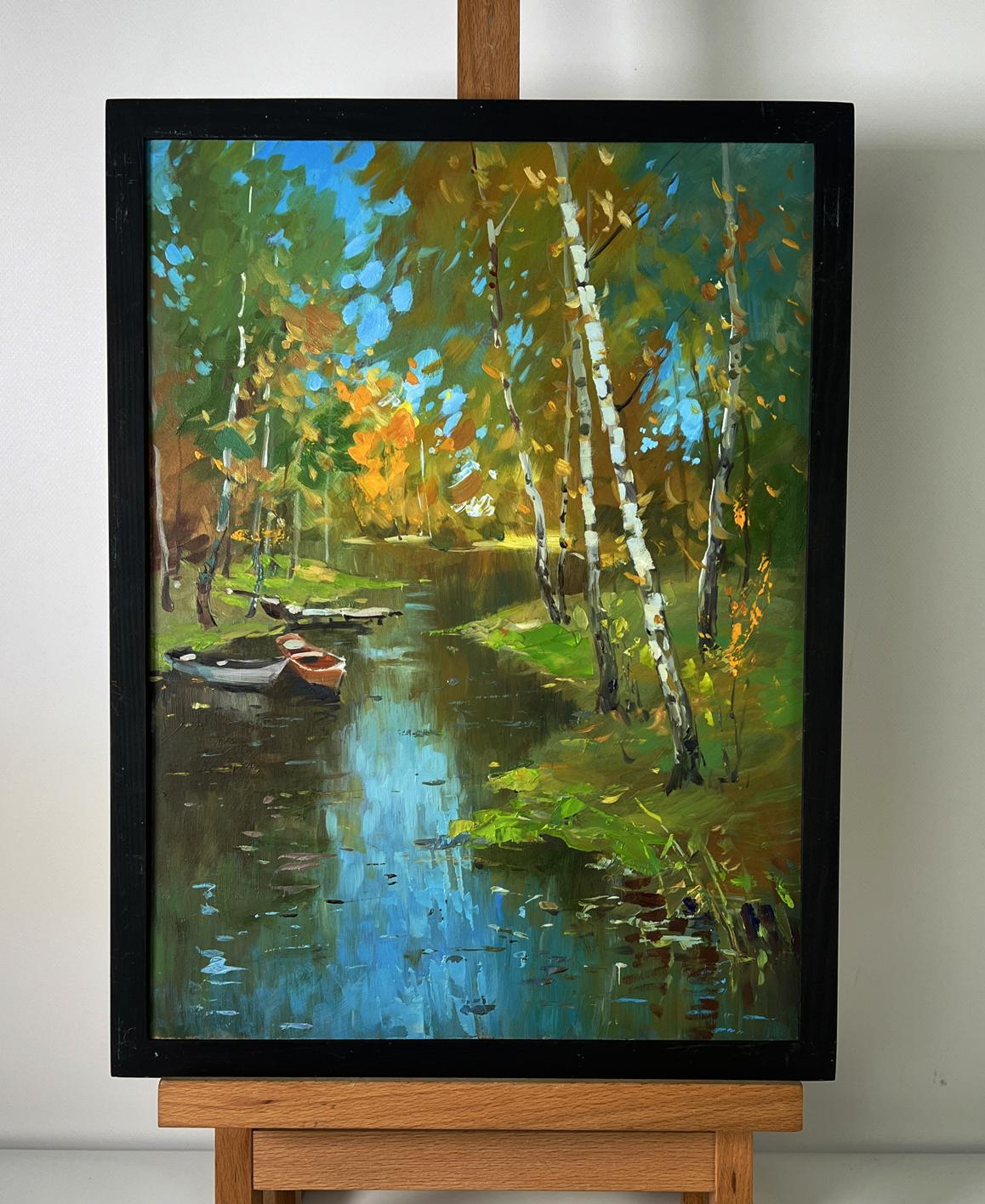 Framed oil painting of autumn river forest by Yuriy Suprunchuk