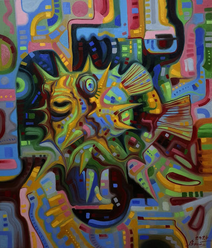 Vibrant oil painting Green Electric Fugu by Sergiy Voichenko