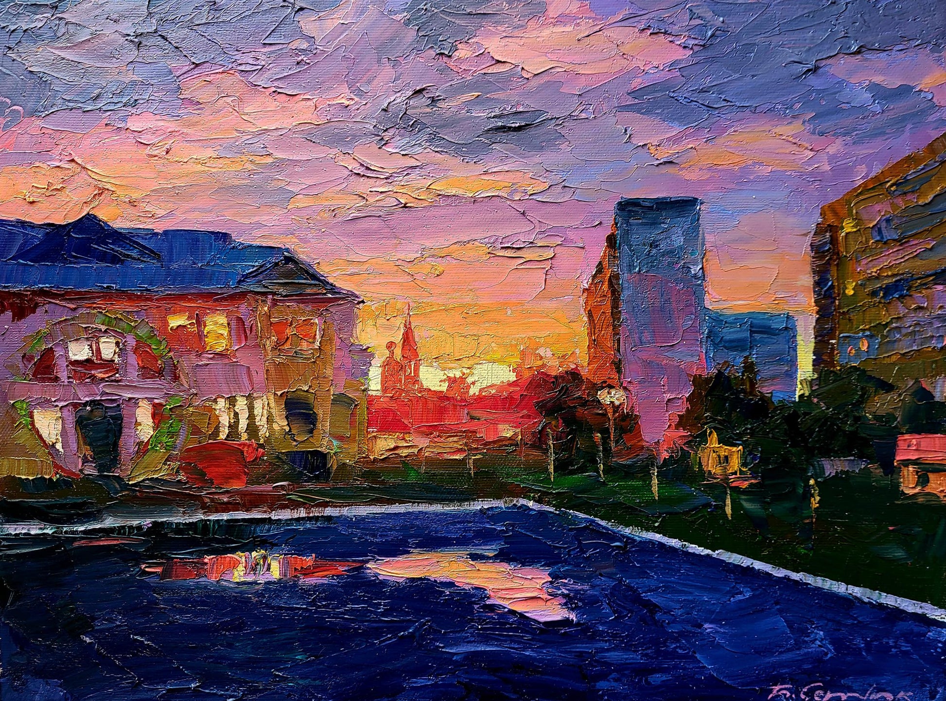Vibrant impressionist oil painting of city orange sunset by Boris Serdyuk