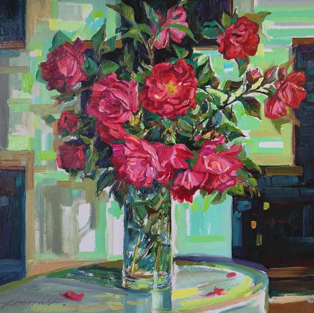 Oil painting of vibrant red roses by Leonid Pavlenko in glass vase