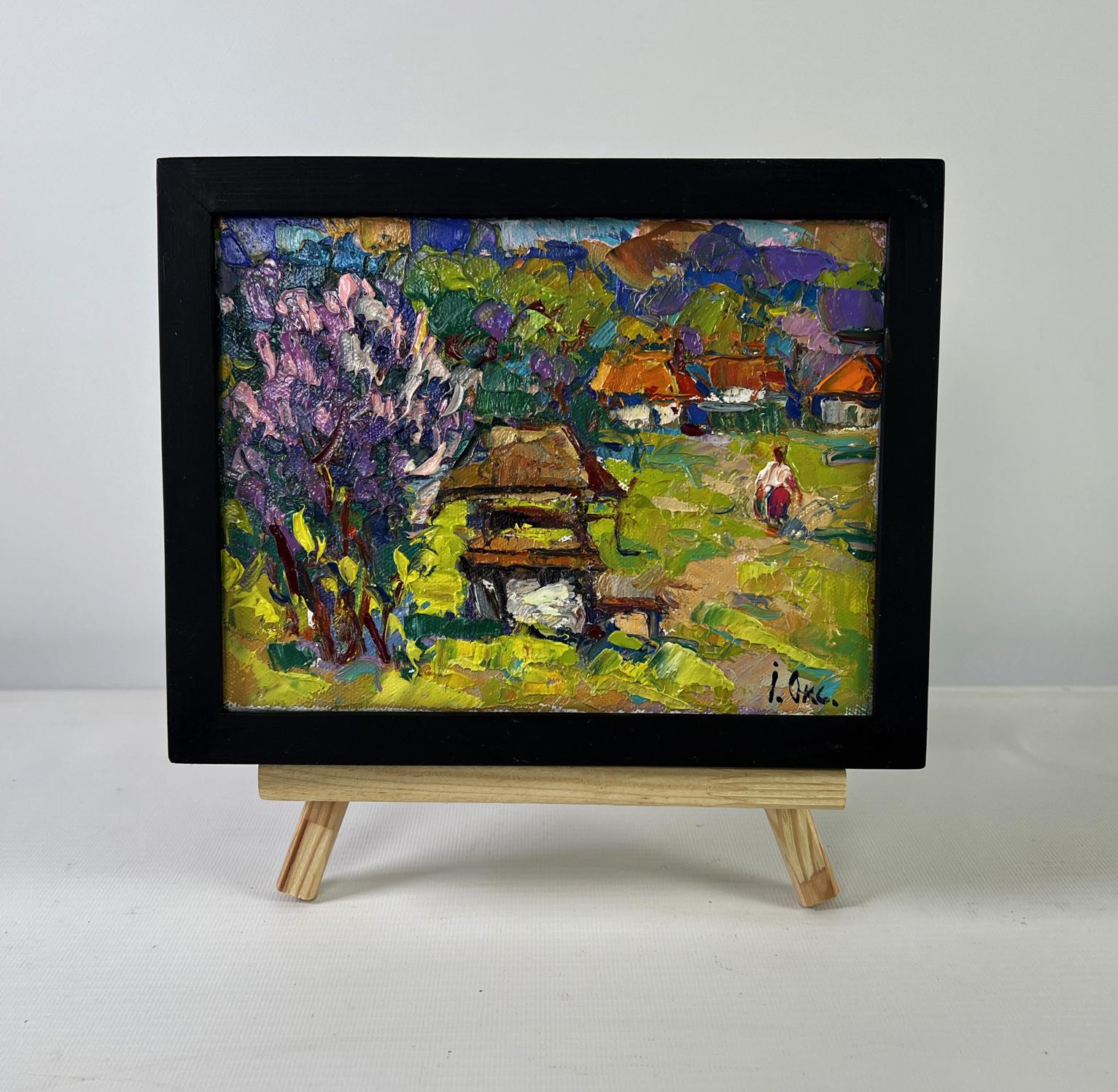 Oil painting Earth awakens to new life by Oksana Ivanyuk, village with purple blossoms