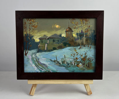 Oil painting Sunset behind the village by Yuriy Suprunchuk snowy landscape