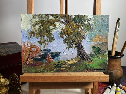 Oil painting Boats on the shore by Boris Serdyuk, impasto tree by water
