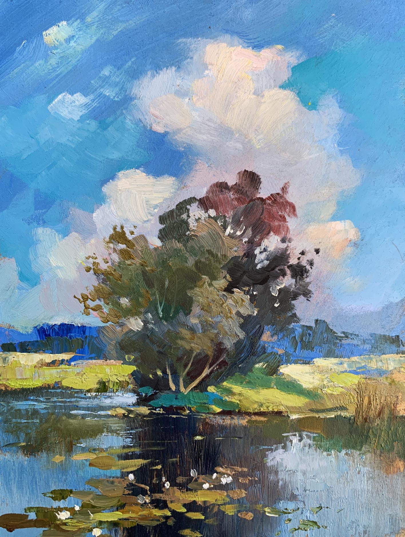 Vibrant impressionist oil painting by Yuriy Suprunchuk of tree by water