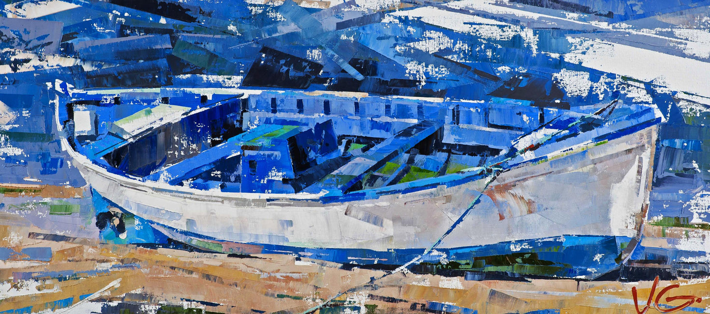 Oil painting Expectation Volodymyr Gluhomanyuk: weathered blue white fishing boat