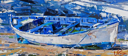 Oil painting Expectation Volodymyr Gluhomanyuk: weathered blue white fishing boat