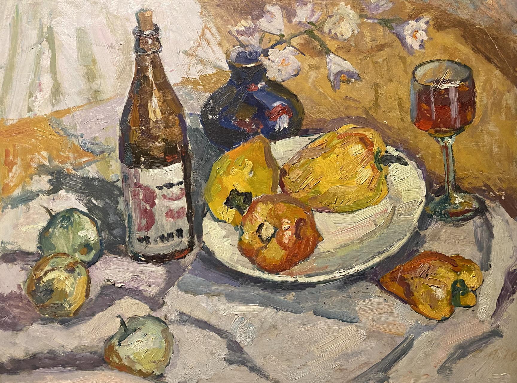 Oil painting of white plate with yellow orange pears by Stanislav Petrashevsky