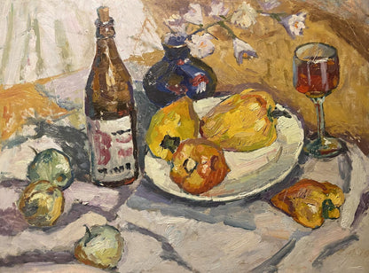 Oil painting of white plate with yellow orange pears by Stanislav Petrashevsky