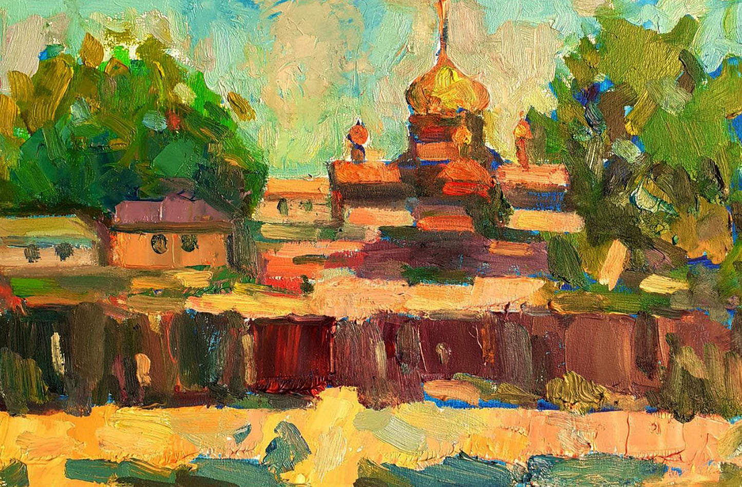 Vibrant oil painting by Pavel Dobrev: R. Orthodox church with golden domes amid green trees