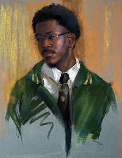 Pastel painting of Karl in green suit jacket with gold trim by Annam Butt