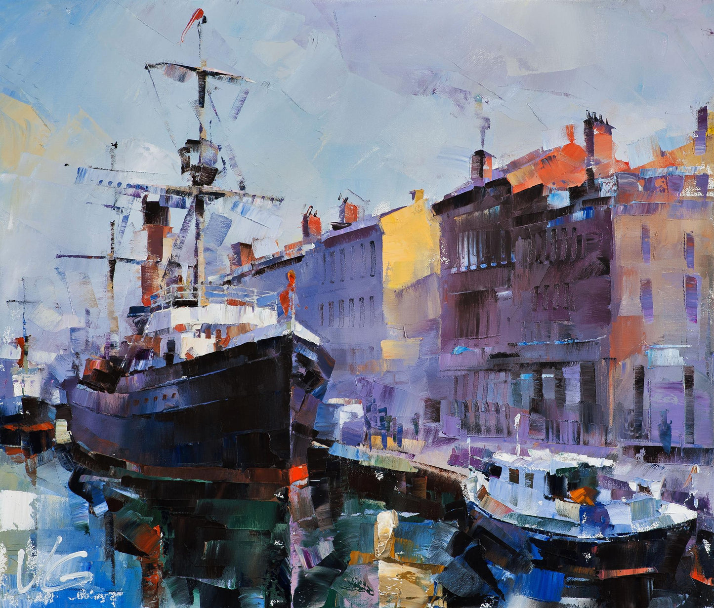Oil painting Morning Breath by Volodymyr Gluhomanyuk: dark ship in harbor