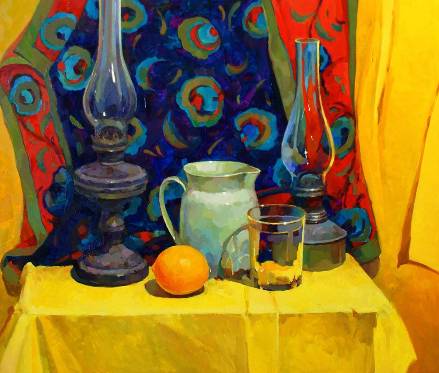 Oil painting of vibrant orange fruit on yellow drapery by Anastasia Yaroshevich
