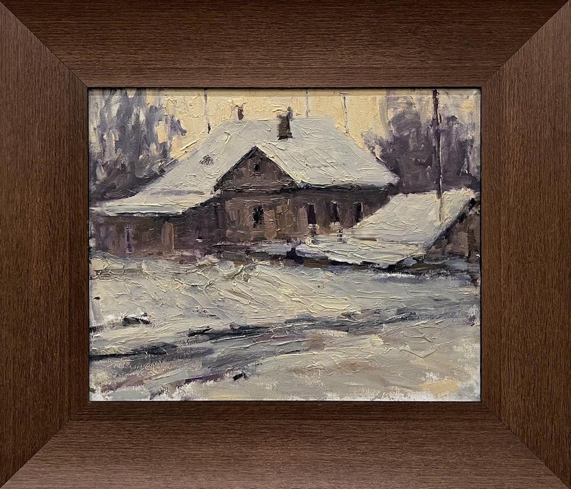 Oil painting White evening by Volodymyr Pashchenko, snowy house