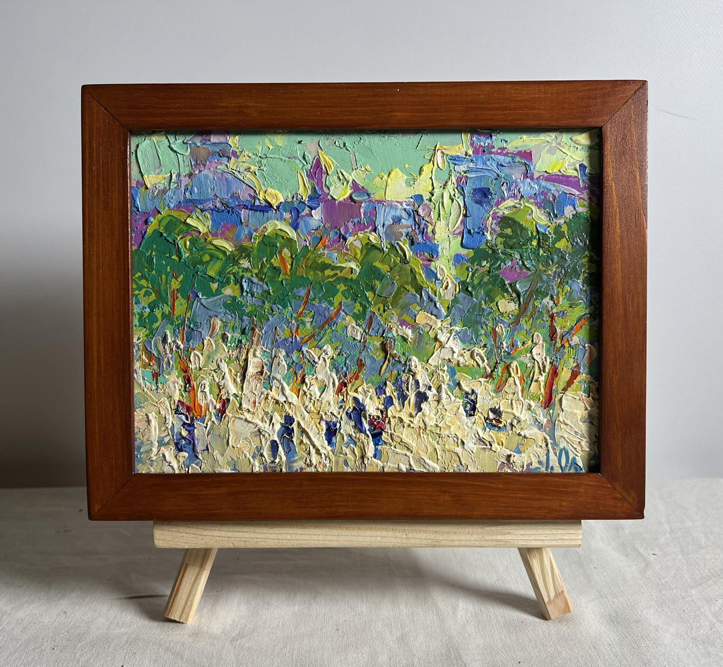 Oil painting Morning city life by Oleksiy Ivanyuk in wooden frame