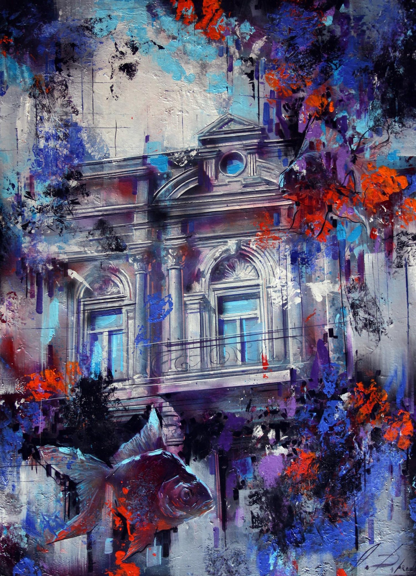 Oil painting Waiting for a miracle by Alexander Dobrodiy, vibrant abstract classical building