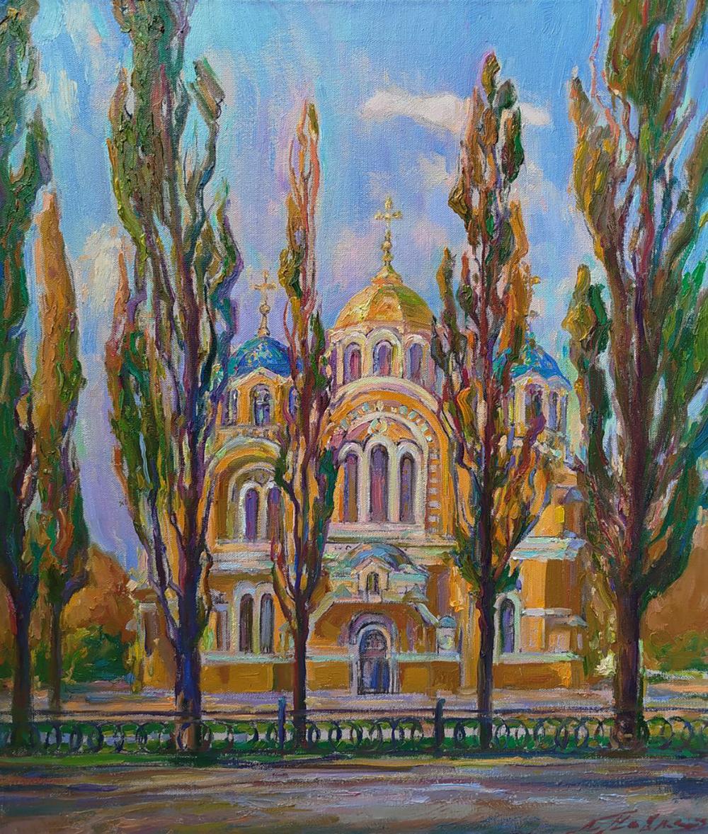 Oil painting of golden-domed City Church by Leonid Pavlenko amid autumn trees
