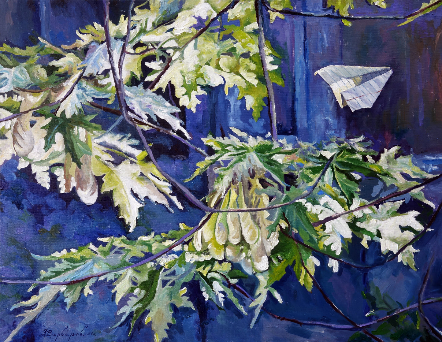 Oil painting by Maple Varvarov Anatoly Viktorovich: oak branches with green leaves on blue background