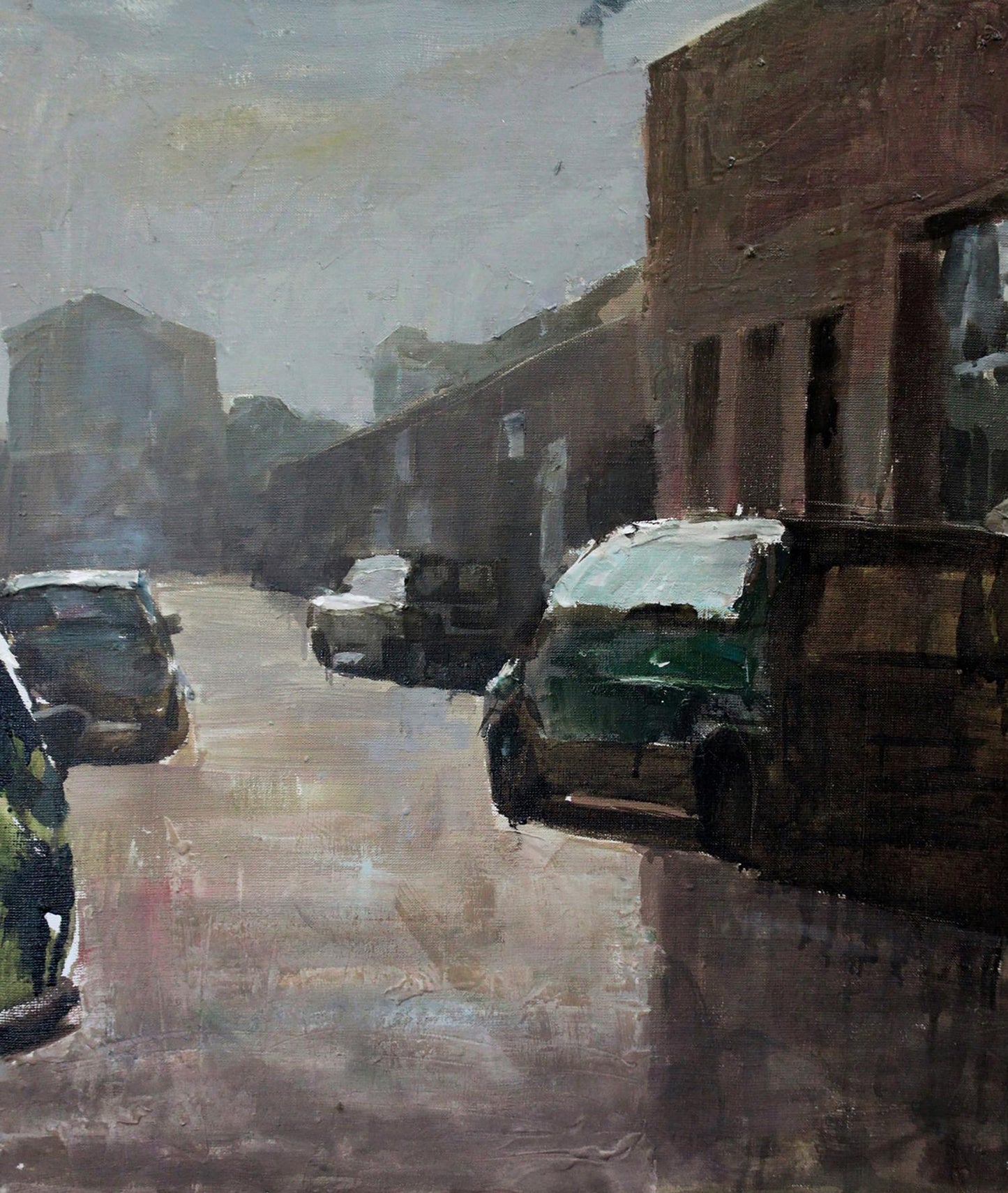 Oil painting by Street Ed Potapenkov: muted green van on wet street by brick buildings