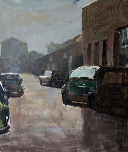 Oil painting by Street Ed Potapenkov: muted green van on wet street by brick buildings