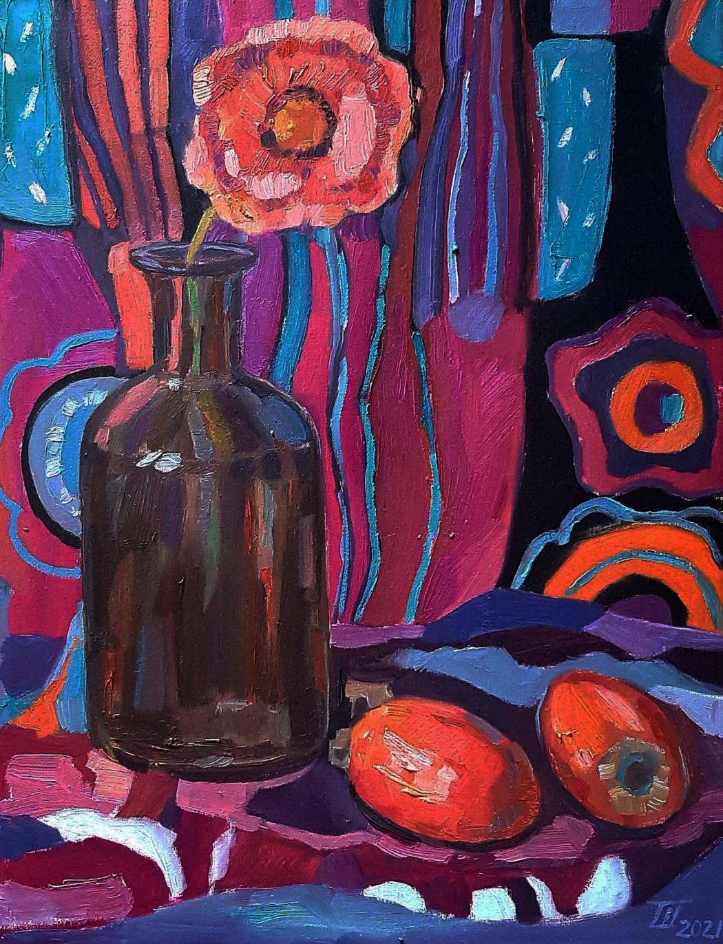 Oil painting Still life with quince by Tetyana Shulyak in dark amber bottle