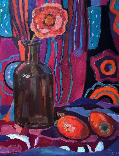 Oil painting Still life with quince by Tetyana Shulyak in dark amber bottle