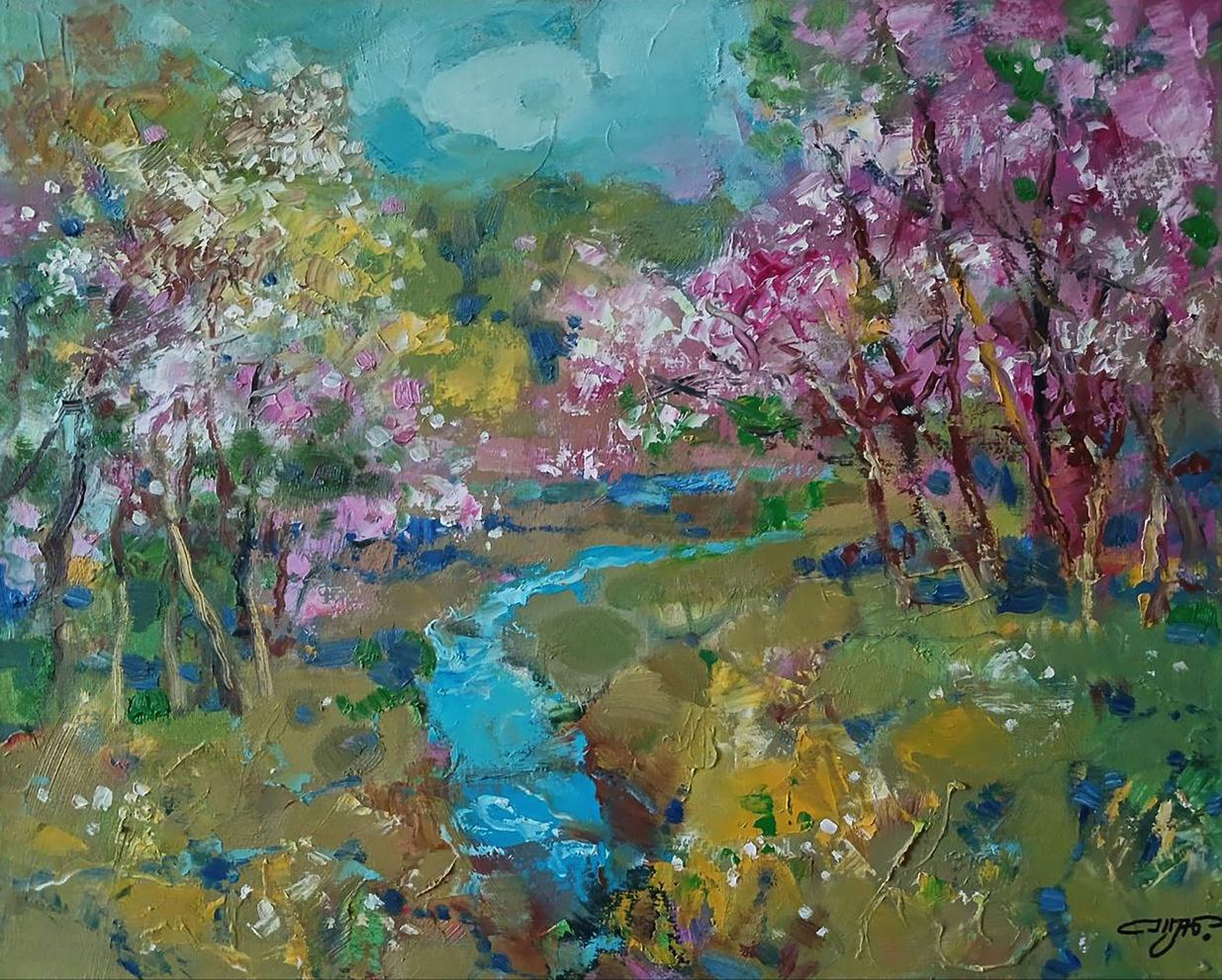 Vibrant impressionist oil painting Spring stream in forest by Anatoly Tarabanov