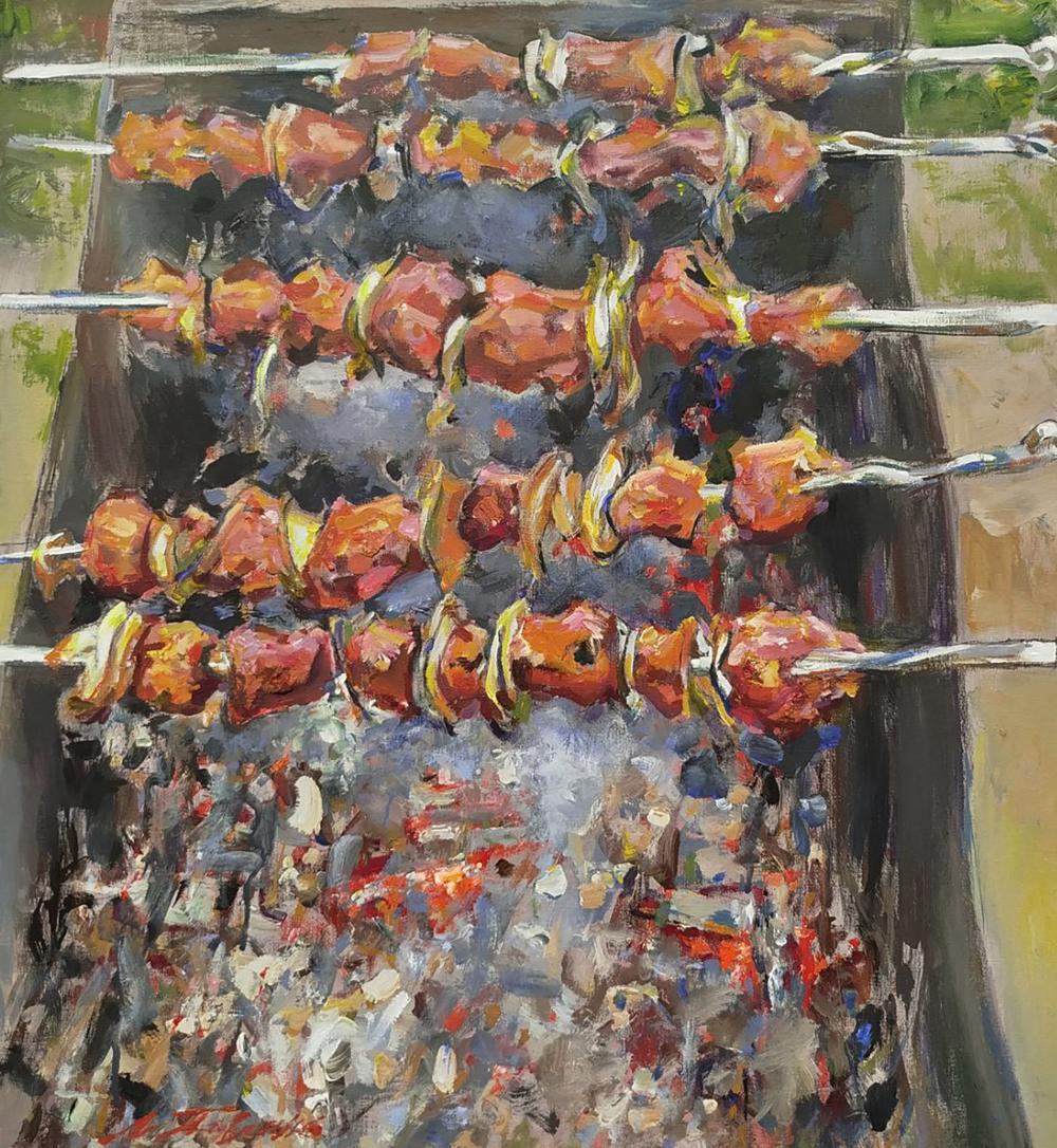 Oil painting by Leonid Pavlenko: skewered meat sizzling over glowing charcoal