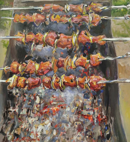 Oil painting by Leonid Pavlenko: skewered meat sizzling over glowing charcoal