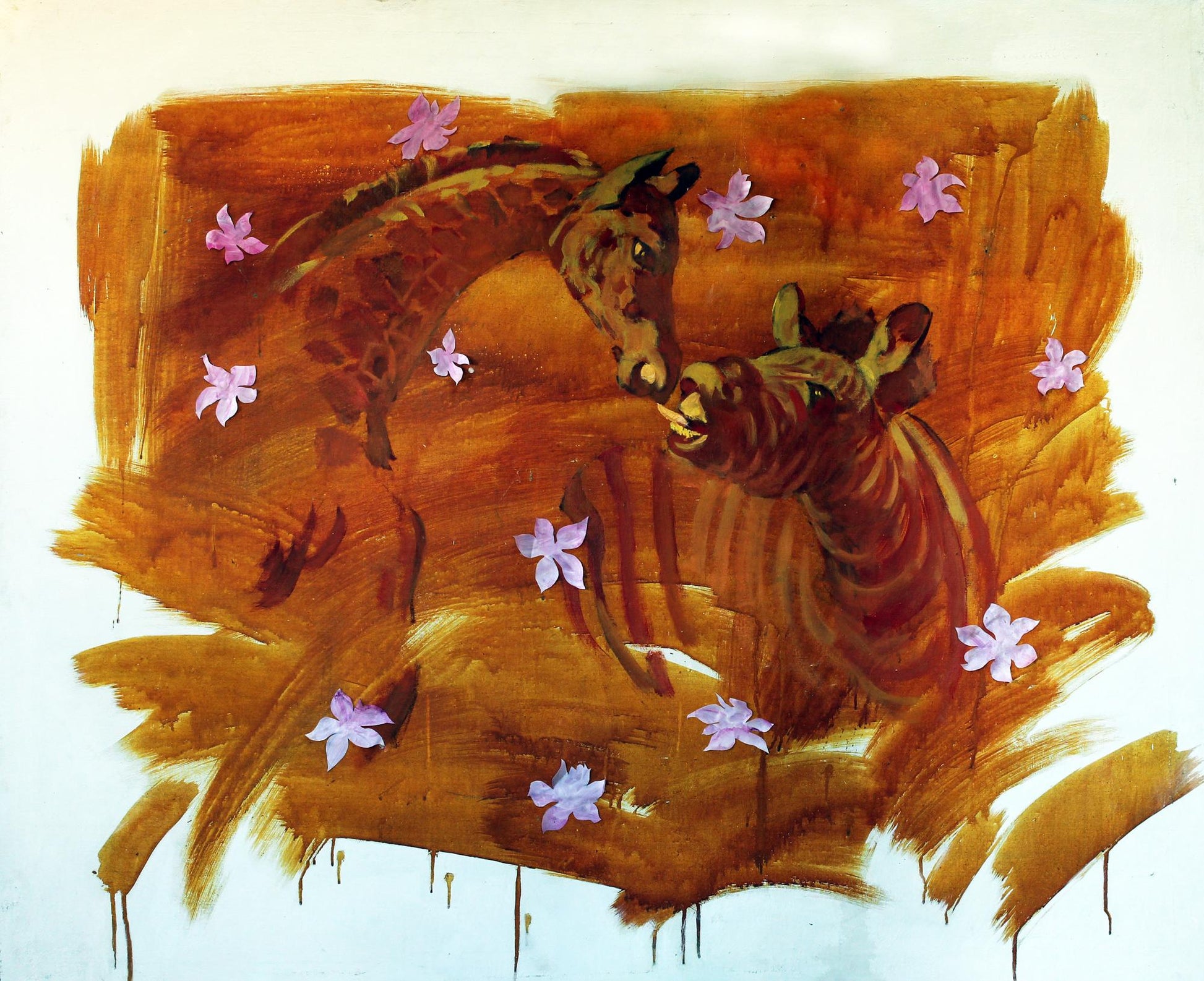 Oil painting Kiss Ed Potapenkov: two giraffes amid pink flowers on orange background