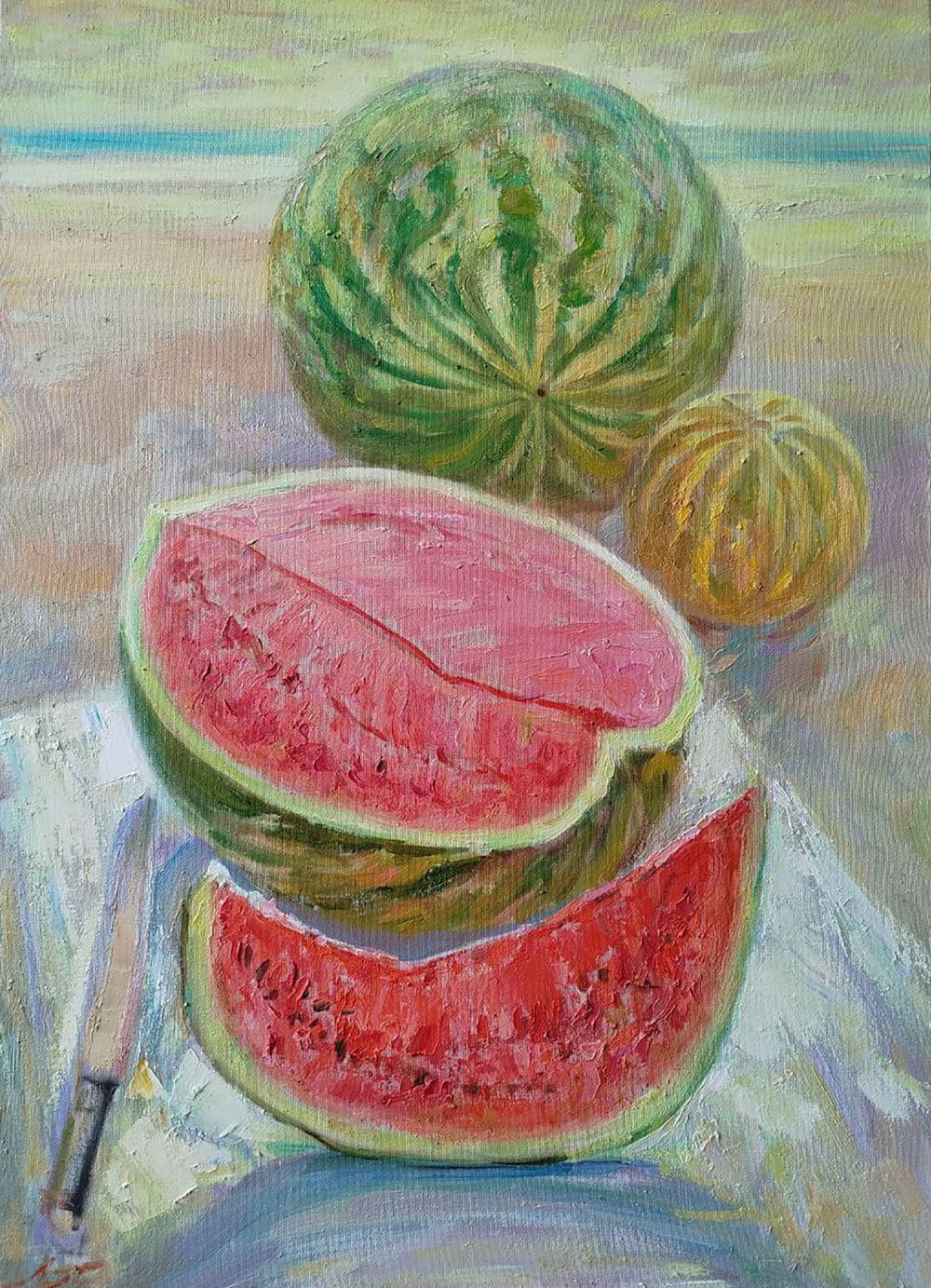 Oil painting of vibrant watermelon slices by Leonid Pavlenko
