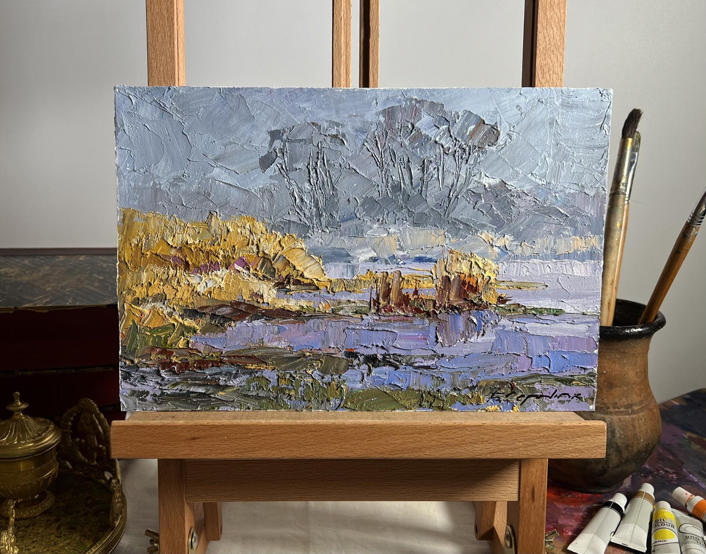 Oil painting Morning Frosts by Boris Serdyuk, textured gray-gold-purple water scene