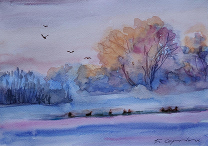 Watercolor winter wonder painting by Boris Serdyuk serene pastel landscape